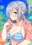  1girl absurdres alternate_costume alternate_hairstyle bikini blue_eyes blurry breasts cleavage depth_of_field from_side hair_ornament hair_over_one_eye hair_strand hair_tousle hairclip halter_top halterneck hamakaze_(kantai_collection) highres kantai_collection large_breasts lips midriff nebu_soku outdoors short_hair short_ponytail sideboob striped striped_bikini sweat swimsuit upper_body 