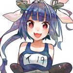  1girl bangs bare_shoulders blue_hair breast_rest breasts character_name collarbone eyebrows eyebrows_visible_through_hair fang hair_ornament hair_ribbon i-19_(kantai_collection) itomugi-kun kantai_collection long_hair looking_at_viewer medium_breasts multicolored_hair name_tag one-piece_swimsuit open_mouth pink_ribbon red_eyes ribbon school_swimsuit simple_background sleeveless smile solo star star-shaped_pupils swimsuit symbol-shaped_pupils torpedo twintails upper_body white_background 