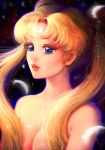  1girl artist_name bishoujo_senshi_sailor_moon blonde_hair blue_eyes breasts crescent dated double_bun earrings facial_mark feathers forehead_mark hair_censor jewelry nicole_jimenez signature solo stud_earrings topless tsukino_usagi twintails upper_body 