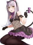  1girl animal_ears asato_(fadeless) bang_dream! bangs black_gloves black_legwear blush bow cat_ears cat_tail commentary_request detached_sleeves fake_animal_ears fang fishnet_top frilled_skirt frills gloves grey_hair lace lace-trimmed_legwear long_hair looking_at_viewer minato_yukina navel neck_ribbon open_mouth purple_bow purple_neckwear ribbon simple_background skirt solo tail tail_bow thigh-highs white_background yellow_eyes 