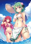  2girls airship barefoot bikini blush bracelet breasts cattleya_(flower_knight_girl) cleavage clouds flower flower_knight_girl frilled_bikini frills front-tie_bikini front-tie_top gluteal_fold green_hair hair_flower hair_ornament innertube jewelry large_breasts long_hair looking_at_viewer multiple_girls navel ocean red_bikini red_eyes redhead saboten_(flower_knight_girl) sarong short_hair sky smile swimsuit under_boob utsurogi_akira violet_eyes water white_bikini 