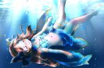  1girl afloat air_bubble barefoot blush breath bubble cape closed_eyes fish floating freediving granblue_fantasy holding_breath long_hair mochizuki_usagi ocean sara_(granblue_fantasy) solo swimming swimsuit underwater 