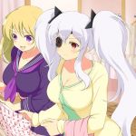  2girls blonde_hair blush breasts cleavage eyepatch hiroko_(senran_kagura) large_breasts long_hair multiple_girls red_eyes senran_kagura senran_kagura_(series) senran_kagura_new_wave smile twintails violet_eyes white_hair yagyuu_(senran_kagura) 