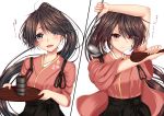  1girl alternate_eye_color black_hair blue_eyes comic dual_persona dual_wielding green_tea hakama highres houshou_(kantai_collection) japanese_clothes kantai_collection ladle long_hair ponytail red_eyes sazamiso_rx solo tasuki tea translation_request tray 