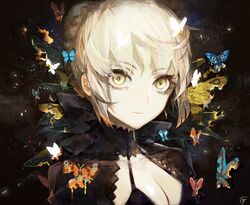  1girl artist_name bangs black_background blush braid breasts burning butterfly cleavage eyebrows eyebrows_visible_through_hair eyes_visible_through_hair fate/grand_order fate_(series) fire french_braid green_eyes hair_bun halterneck hg0524 hg_(pixiv16108795) light_particles pale_skin saber saber_alter short_hair smile solo white_hair 