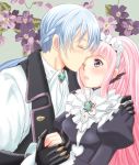  1boy 1girl alternate_hair_color bangs blue_hair blunt_bangs blush braid butler closed_eyes felicia_(fire_emblem_if) fire_emblem fire_emblem_if floral_background forehead_kiss green_eyes hand_on_another&#039;s_shoulder hetero highres jewelry joker_(fire_emblem_if) kiss long_hair maid maid_headdress one_eye_closed open_mouth pink_hair ponytail sidelocks tafua 