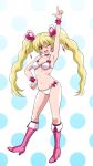  1girl ;d arm_up bikini blonde_hair boots breasts choker cure_peach eyebrows eyebrows_visible_through_hair fresh_precure! hair_ornament hand_on_hip heart_hair_ornament highres index_finger_raised inferno_(nanbu14) long_hair momozono_love one_eye_closed open_mouth pink_eyes precure smile solo swimsuit twintails white_bikini 