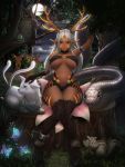  1girl abs animal antlers arm_garter bird breasts chains cuffs dark_skin deer deere facial_mark flower forest full_moon grass highres hooves large_breasts long_hair looking_at_viewer minami_koyogi monster_girl moon nature night night_sky o-ring_top original owl red_eyes silver_hair sky snake solo squirrel tree tree_stump 