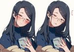 /\/\/\ 1girl 3m_0l black_eyes black_hair blush glasses hair_ornament hairclip long_hair mole mole_under_mouth notepad original simple_background smile solo sweater white_background 