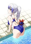  1girl :o ass blue_hair blush brown_eyes competition_swimsuit from_behind gradient_hair hat hat_removed headwear_removed kamishirasawa_keine kousei_(public_planet) looking_back multicolored_hair one-piece_swimsuit ponytail pool red_eyes silver_hair solo streaked_hair swimsuit touhou 