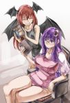  2girls bat_wings belly bespectacled book breasts closed_eyes crescent crescent_hair_ornament crescent_moon glasses hair_ornament head_wings koakuma large_breasts moon multiple_girls one-piece_swimsuit open_mouth patchouli_knowledge pregnant purple_hair redhead school_swimsuit smile swimsuit touhou violet_eyes wings yohane 