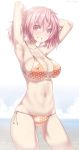  1girl 2016 armpits bikini blush breasts cleavage dated erect_nipples grin highres large_breasts navel original pink_hair polka_dot polka_dot_bikini ponytail red_eyes short_hair side-tie_bikini silver_bell_(artist) smile solo standing swimsuit water 