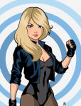  1girl abstract_background artist_request black_canary blonde_hair blue_eyes choker dc_comics fingerless_gloves fist jacket leotard looking_at_viewer solo source_request 