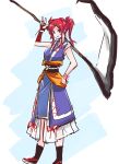  1girl alternate_hairstyle breasts coin grin hair_bobbles hair_ornament hairclip hand_on_hip highres japanese_clothes looking_at_viewer mappe_(778exceed) obi onozuka_komachi ponytail red_eyes redhead sandals sash scythe short_hair sketch sleeveless smile socks solo standing touhou wrist_cuffs 