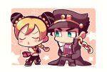  1boy 1girl artist_name black_hair blonde_hair braid chains chibi chocolate chocolate_heart crossed_arms double_bun gakuran hands_in_pockets hat heart jojo_no_kimyou_na_bouken kotorai kuujou_jolyne kuujou_joutarou multicolored_hair navel school_uniform single_braid star two-tone_hair wristband 