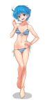  1girl :d bikini blue_eyes blue_hair blush blush_stickers breasts cleavage feet_together front-tie_top full_body hand_on_hip kazuma_muramasa leg_up medium_breasts navel nishijima_waon open_mouth precure short_hair side-tie_bikini simple_background smile solo standing striped striped_bikini suite_precure swimsuit white_background 
