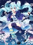  1girl :o absurdly_long_hair background blue_eyes blue_hair choker commentary_request dress earmuffs fingerless_gloves floral_background frills fuyu_no_yoru_miku gloves gradient_hair hair hair_ornament hatsune_miku long_hair mismatched_legwear multicolored_hair nail_polish open_mouth petals purple_hair shoes single_thighhigh solo striped striped_dress striped_legwear teeth thigh-highs twintails vertical-striped_legwear vertical_stripes very_long_hair vocaloid yakine 