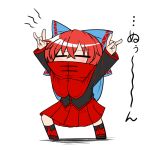  1girl =_= \m/ arms_up black_shirt blue_bow blush bow cape chibi closed_eyes covered_mouth female flat_color full_body hair_bow high_collar katsumi5o long_sleeves red_skirt redhead sekibanki shirt short_hair skirt solo touhou white_background 
