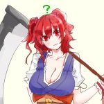 1girl ? blush blush_stickers breasts cleavage coin hair_bobbles hair_ornament head_tilt highres japanese_clothes large_breasts looking_at_viewer mappe_(778exceed) obi onozuka_komachi red_eyes redhead sash scythe short_twintails sketch solo touhou twintails upper_body wrist_cuffs 