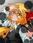  &gt;:) 1girl ascot black_vest blonde_hair darkness evil_grin evil_smile fingernails grin hair_ribbon highres katsumi5o long_fingernails long_sleeves looking_at_viewer nail_polish red_eyes red_nails red_ribbon ribbon rumia short_hair smile solo touhou upper_body 