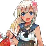  1girl bangs bare_arms blonde_hair blue_eyes blush collarbone eyebrows eyebrows_visible_through_hair flower gradient_hair hair_between_eyes hair_flower hair_ornament holding itomugi-kun kantai_collection lifebuoy long_hair looking_at_viewer multicolored_hair one-piece_tan open_mouth ro-500_(kantai_collection) sailor_collar school_swimsuit school_uniform serafuku simple_background sleeveless smile solo swimsuit swimsuit_under_clothes tan tanline torpedo upper_body white_background 