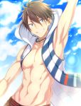  1boy akuno_hideo alternate_costume arm_up armpits blue_eyes blush brown_hair clouds cowboy_shot grin headset idolmaster idolmaster_side-m jewelry looking_at_viewer male_focus muscle navel necklace nesuop_(sm_nesuop) open_clothes sharp_teeth sky sleeveless sleeveless_hoodie smile solo teeth 