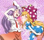  2girls @_@ abstract_background american_flag_legwear american_flag_shirt animal_ears blonde_hair blouse clownpiece fairy_wings fire glowing glowing_eyes grin harusame_(unmei_no_ikasumi) hat hypnosis jester_cap long_hair multiple_girls neck_ruff necktie open_mouth pantyhose pink_eyes pink_skirt polka_dot power_connection puffy_short_sleeves puffy_sleeves purple_hair rabbit_ears red_eyes red_necktie reisen_udongein_inaba round_teeth shirt short_sleeves skirt smile smug star star_print striped sweat teeth torch touhou very_long_hair white_blouse white_shirt wings 