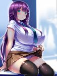  1girl aqua_eyes black_legwear blush breasts buttons closed_mouth curvy erect_nipples highres huge_breasts long_hair looking_at_viewer lowleg_panties miniskirt necktie necktie original panties pantyshot pantyshot_(sitting) pleated_skirt plump purple_hair school_uniform shiny shiny_clothes shiny_skin shirt short_sleeves sidelocks sitting skirt skirt_lift smile solo sweat thick_thighs thigh-highs thighs thong tsukumiya_amane underwear uniform white_panties white_shirt wide_hips 