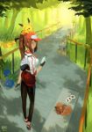  10s 1girl artist_name backpack bag baseball_cap belt blue_eyes brown_hair cellphone choker female_protagonist_(pokemon_go) fingerless_gloves gloves grass hat holding_phone leggings long_hair oddish outdoors phone pidgey pikachu pokemon pokemon_go ponytail shoes sneakers tommy830219 tree vulpix zzz 