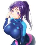  1girl blush bodysuit breasts closed_mouth erect_nipples highres large_breasts leaning_forward long_hair looking_at_viewer love_live! love_live!_sunshine!! matsuura_kanan onsoku_maru ponytail purple_hair simple_background skin_tight smile solo violet_eyes wetsuit white_background 
