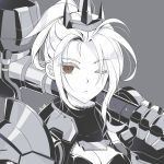  1girl armor artist_name atobesakunolove breasts brown_eyes cleavage cleavage_cutout closed_mouth crown eyebrows_visible_through_hair eyelashes eyes_visible_through_hair full_armor gauntlets genderswap genderswap_(mtf) grey_background holding holding_weapon medium_breasts monochrome one_eye_closed over_shoulder overwatch pauldrons plate_armor ponytail portrait reinhardt_(overwatch) short_hair sidelocks simple_background solo spot_color turtleneck upper_body warhammer weapon weapon_over_shoulder 