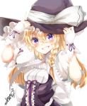  1girl :d alternate_eye_color blonde_hair blue_eyes bow braid breasts grin hands_on_headwear hat hat_bow kirisame_marisa long_hair open_mouth pointing pointing_up signature single_braid small_breasts smile touhou underbust varyu violet_eyes witch_hat 