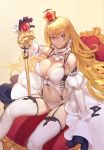  1girl arm_support bare_shoulders black_gloves blonde_hair blue_eyes breasts cleavage cross-laced_clothes crown detached_collar detached_sleeves drill_hair erect_nipples frills garter_straps gloves gluteal_fold heiyz highres large_breasts lion_(zhan_jian_shao_nyu) long_hair looking_at_viewer navel puffy_sleeves scepter sitting smile solo stomach thigh-highs throne white_legwear zhan_jian_shao_nyu 