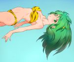  1girl :o aqua_background bare_shoulders bikini blue_eyes breasts cleavage green_eyes green_hair horns kazuma_muramasa long_hair lum matching_hair/eyes pointy_ears solo swimsuit tiger_print urusei_yatsura 