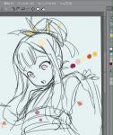  1girl 3m_0l :o cagliostro_(granblue_fantasy) color_guide female granblue_fantasy hair_bun hair_ornament hair_up japanese_clothes kimono long_hair long_sleeves looking_down obi open_mouth partially_colored photoshop sash sidelocks sketch solo unfinished upper_body violet_eyes wide_sleeves 