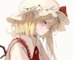  1girl blonde_hair flandre_scarlet hat hat_ribbon long_hair looking_down mob_cap portrait profile red_eyes red_ribbon ribbon sad simple_background solo touhou vest white_background wings yushika 