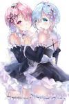  2girls :d apron black_ribbon blue_eyes blue_hair blush bow breasts cowboy_shot detached_sleeves dress eyelashes frills gorua_(youce01) hair_ornament hair_over_one_eye hair_ribbon hairband hand_holding head_tilt interlocked_fingers light_particles looking_at_viewer maid medium_breasts microdress multiple_girls open_mouth pink_hair pink_ribbon ram_(re:zero) re:zero_kara_hajimeru_isekai_seikatsu rem_(re:zero) ribbon short_hair siblings simple_background sisters sketch smile thigh-highs twins under_boob waist_apron white_apron white_background white_bow white_legwear x_hair_ornament 