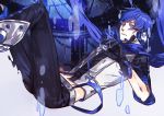  1boy blue_eyes blue_hair falling gloves headset kaito looking_at_viewer male_focus midriff navel scarf solo vocaloid witchonly 
