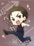  1boy billy_coen brown_eyes brown_hair chibi engrish frown full_body jeans male_focus open_mouth piko_(gomoku) ranguage resident_evil resident_evil_0 shirt simple_background sleeveless sleeveless_shirt solo sweatdrop tank_top 