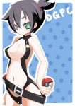  1girl alternate_hair_color bare_shoulders black_hair breasts chibi dengeki!_pikachu dorasan female gym_leader kasumi_(pokemon) large_breasts looking_at_viewer one-piece_swimsuit poke_ball pokemon ponytail short_hair side_ponytail smile solo swimsuit thong_bikini 