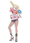  1girl baseball_bat batman_(series) blonde_hair blue_eyes blue_hair breasts dc_comics dip-dyed_hair fishnet_pantyhose fishnets harley_quinn high_heel_boots lipstick makeup solo suicide_squad twintails 