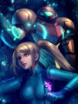  1girl arm_cannon artist_name bellhenge blue_eyes bodysuit breasts closed_mouth commentary glowing hair_tie highres medium_breasts metroid mole mole_under_mouth ponytail samus_aran short_hair sky solo star_(sky) starry_sky super_smash_bros. upper_body weapon zero_suit 