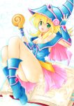  1girl bare_shoulders blonde_hair boots breasts dark_magician_girl duel_monster female gloves green_eyes hat legs long_hair magical_girl skirt smile solo traditional_media wizard_hat yu-gi-oh! 