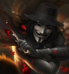  1boy black_hair blood blush cape dagger facial_hair gloves goatee hat knife male_focus mask mustache solo v_(v_for_vendetta) v_for_vendetta weapon 