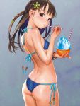  1girl arched_back ass bikini blue_bikini bracelet braid breasts brown_eyes brown_hair butt_crack eating flat_ass from_side futuregraph hair_ornament highres jewelry long_hair looking_at_viewer mouth_hold murata_renji scan shaved_ice side-tie_bikini side_braid skindentation small_breasts solo straw swimsuit 