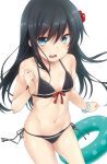  1girl asashio_(kantai_collection) bikini black_hair blue_eyes breasts flower hair_flower hair_ornament innertube kantai_collection long_hair looking_at_viewer nagami_yuu open_mouth scrunchie simple_background small_breasts smile solo swimsuit wrist_scrunchie 
