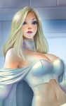  1girl blonde_hair blue_eyes breasts cape cleavage didi_esmeralda emma_frost large_breasts lips lipstick long_hair looking_at_viewer makeup marvel midriff navel nose solo upper_body x-men 