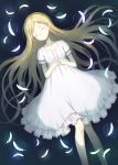  104 1girl afloat blonde_hair braid closed_eyes closed_mouth collarbone colored_eyelashes dress feathers floating head_tilt interlocked_fingers long_hair lying on_back original puffy_short_sleeves puffy_sleeves ripples short_sleeves solo very_long_hair water white_dress 
