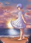  1girl arms_behind_back ayanami_rei barefoot brown_eyes clouds dress from_side full_body interlocked_fingers looking_at_viewer neon_genesis_evangelion ocean sand sasha_gladysh sky solo sun sunset white_dress 