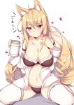  1girl ahegao animal_ears bare_shoulders black_bra black_panties blonde_hair blush bra breasts buttons cleavage collarbone eyebrows eyebrows_visible_through_hair fox_ears fox_tail hair_between_eyes hand_on_own_chest haruyuki_(yukichasoba) heart holding large_breasts legs_apart long_sleeves looking_at_viewer multiple_tails navel off_shoulder open_clothes open_shirt original panties pink_eyes shiny shiny_skin shirt solo stomach straddling tail teardrop text thigh-highs translation_request unbuttoned unbuttoned_shirt underwear upright_straddle white_legwear white_shirt 